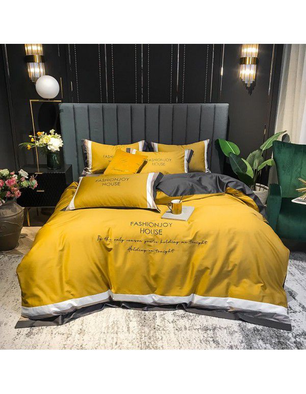 60 thread long staple cotton four piece set of pure cotton simple atmosphere European stitching embroidered bed sheet quilt cover bedding
