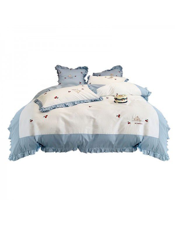 Cool light blue cute cherry bear 60 long staple cotton embroidery 4-piece lotus leaf lace Quilt Set soft bedding