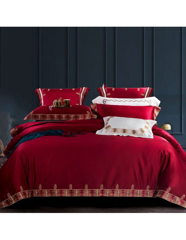 Wedding high end 100 pieces 500t horse cotton embroidery four piece wine red European model room light luxury bedding