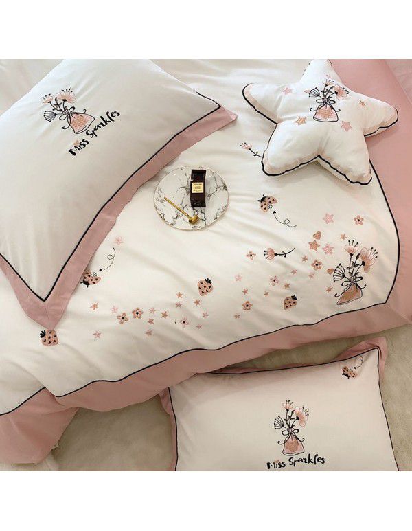 60 thread pink cotton bedding set Korean little fresh Princess wind Satin long staple cotton embroidered Quilt Set 4 pieces