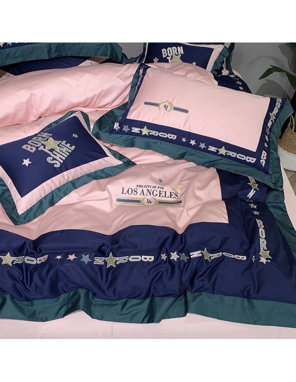 Export trade 60 thread pure cotton four piece embroidery fresh Korean style personality fashion 1.8m bedding