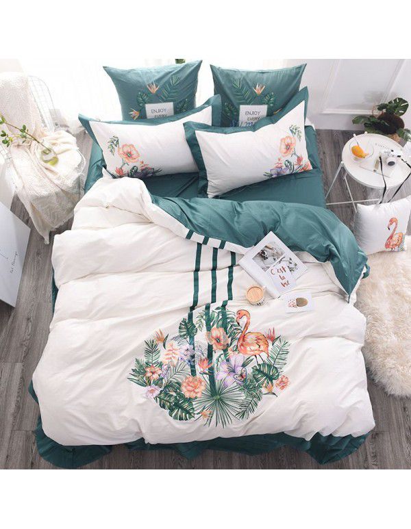 Foreign trade American idyllic 60 thread long staple cotton Satin Embroidery four piece set double pure cotton quilt cover sheet bedding