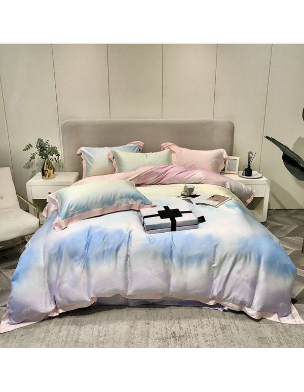 80 pieces of double-sided Tencel 4-piece set summer idyllic flowers sleeping naked ice silk quilt cover bedding