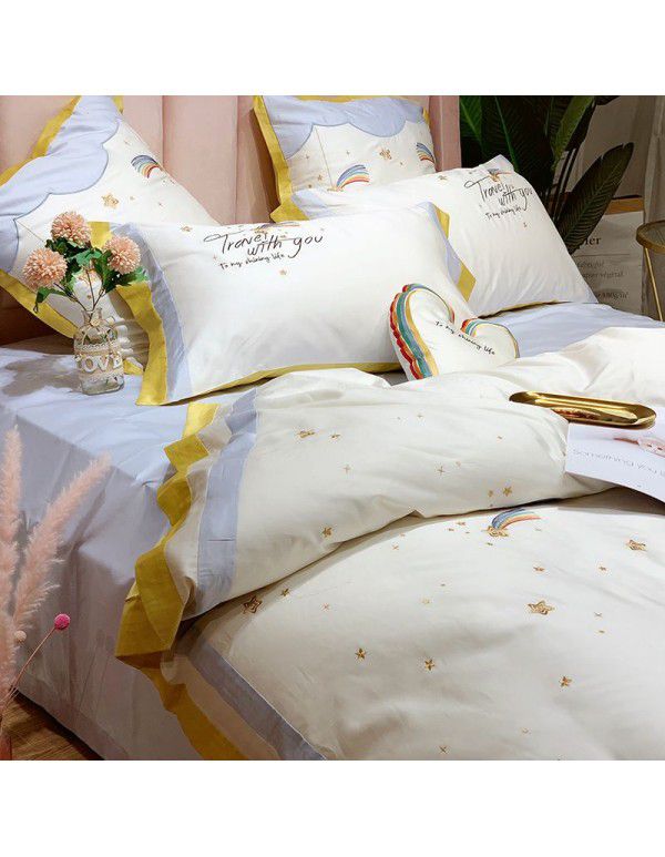 Four piece set of pure cotton princess style bed sheet all cotton cartoon lovely sweet girl heart net red quilt cover