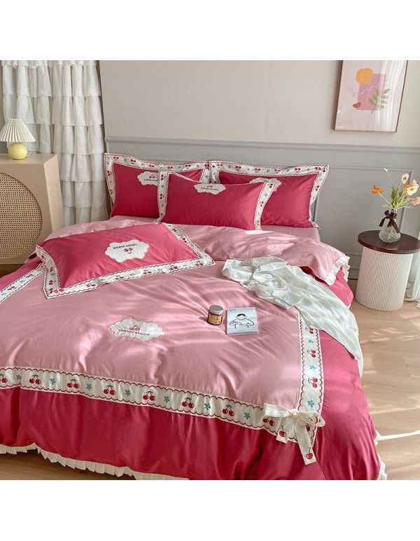 60 thread long staple cotton 4-piece embroidery bow all cotton quilt cover pure cotton Princess wind bed children 1.5m