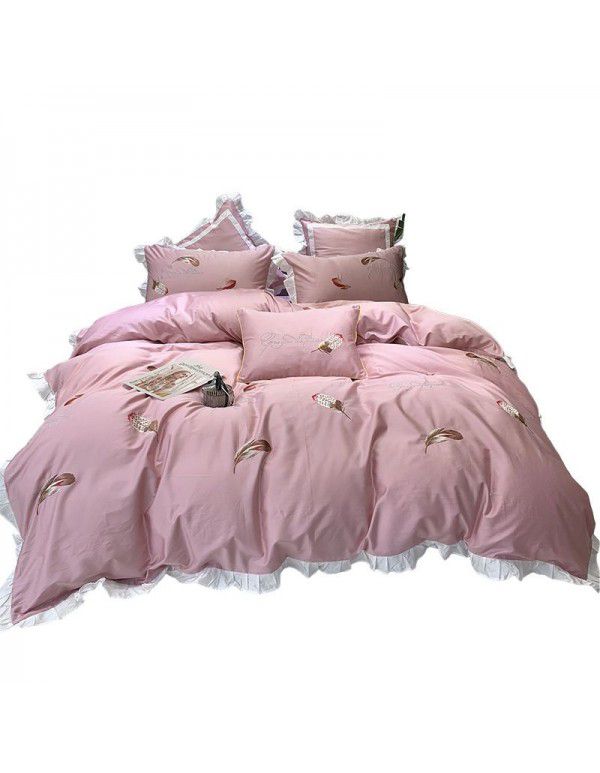 60 thread long staple cotton simple quilt cover princess style pink embroidery lace feather girl heart bedding