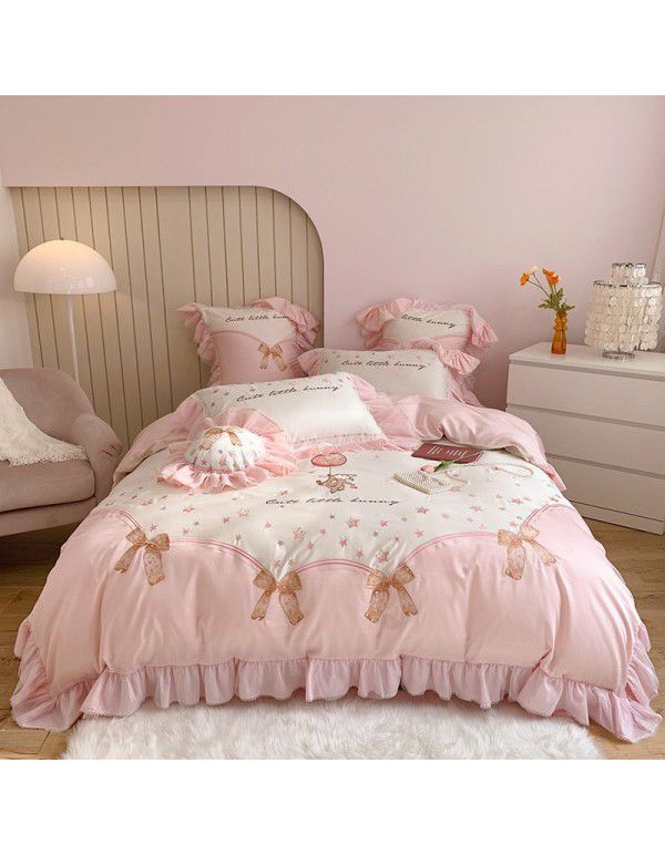 Cartoon 60 thread long staple cotton star embroidery pure cotton four piece set girl heart lotus leaf all cotton quilt cover bedding