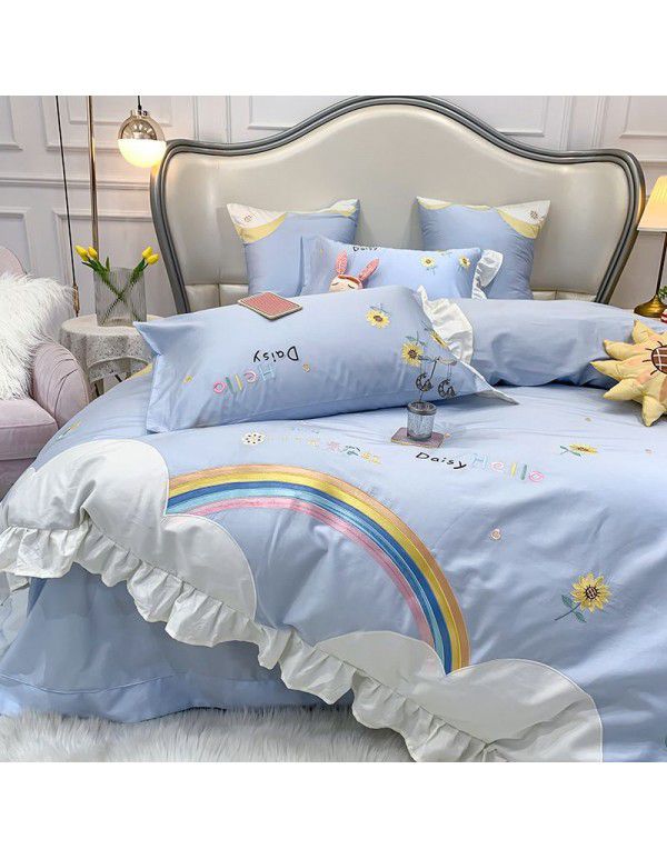 60 long staple cotton four piece small fresh cartoon Nordic princess style sunflower embroidery yellow blue cotton quilt cover