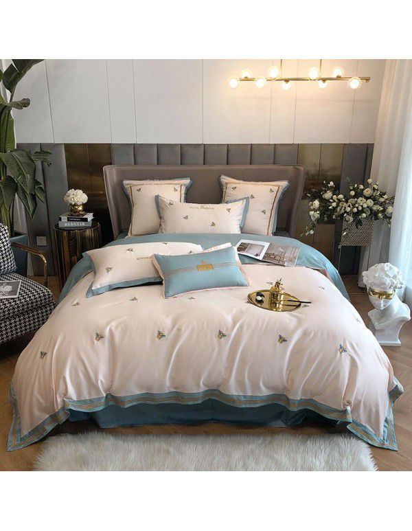 High end simple luxury 60 thread cotton satin 4-piece set of all cotton bee embroidery bedding