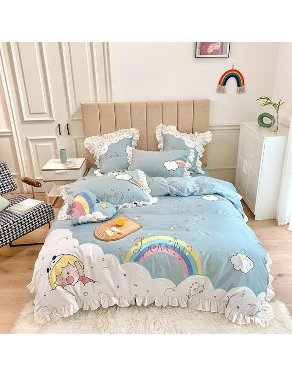 2020 spring and summer new small fresh series rainbow embroidery pleated Ruffle 60s Egyptian cotton bedding