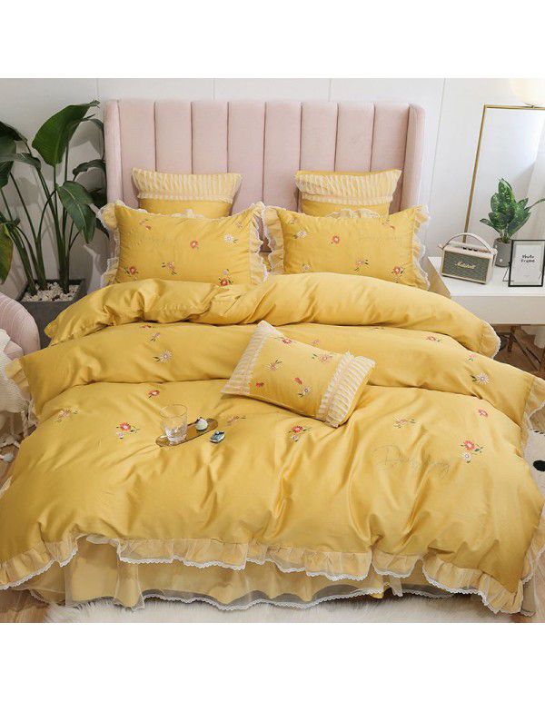 High end lace lovely princess style all cotton 60 thread long staple cotton embroidered bed skirt four piece set bedding 2m