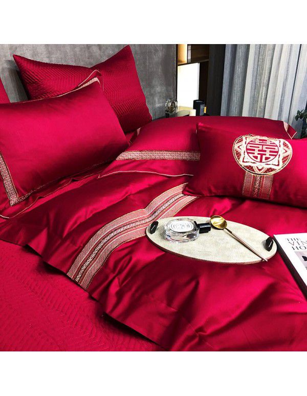 Chinese wedding red wedding pure cotton four piece set simple fashion all cotton wedding room quilt cover bedding embroidery