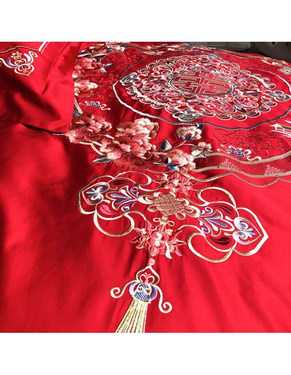 Chinese wedding red all cotton embroidered bedding