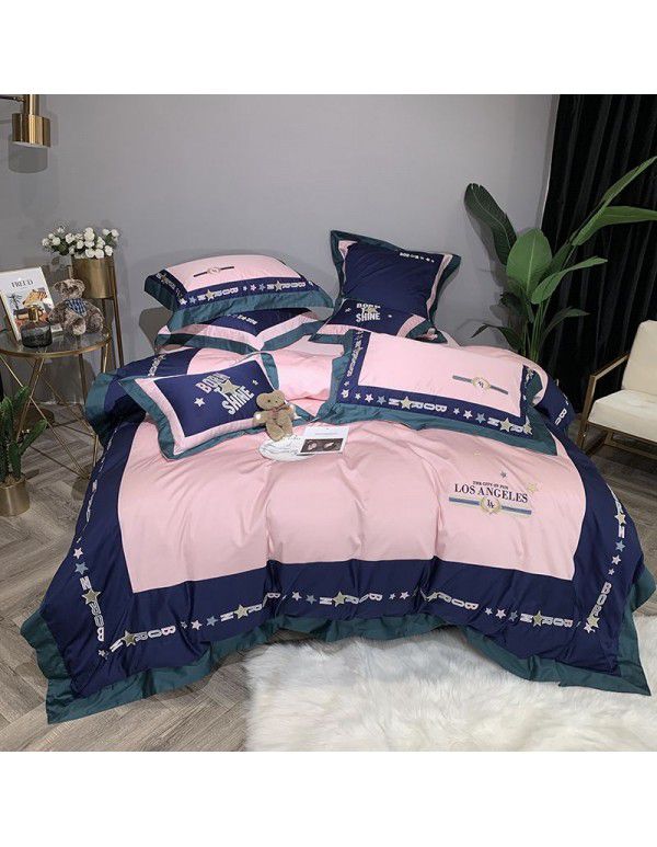 Export trade 60 thread pure cotton four piece embroidery fresh Korean style personality fashion 1.8m bedding