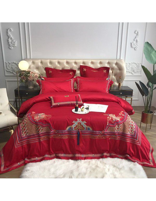 2019 new high end wedding 100 piece all cotton four piece bed set 60s Egyptian cotton embroidery multi piece set