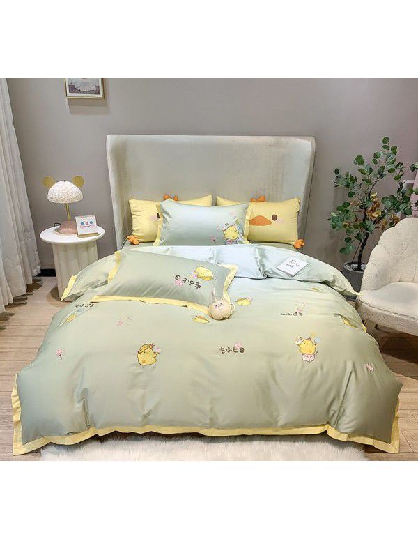 60 thread Satin long staple cotton four piece set of cute cartoon embroidery small fresh and luxurious pure cotton bedding