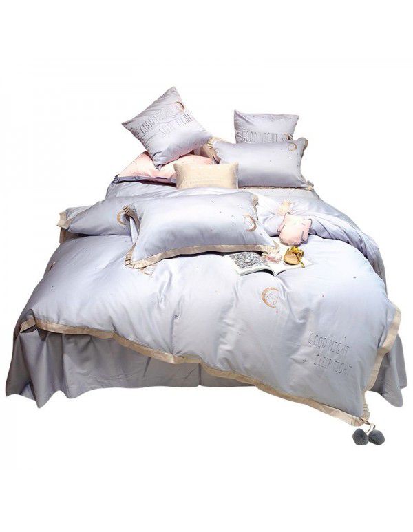 60 thread long staple cotton embroidery small fresh lady style 4-piece bedding 1.8m quilt cover sheet plain color bedding