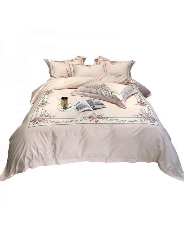 American idyllic style 60 thread cotton four piece set of simple plant flower embroidery quilt cover pure cotton bedding