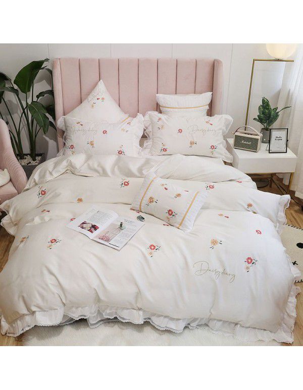 High end lace lovely princess style all cotton 60 thread long staple cotton embroidered bed skirt four piece set bedding 2m