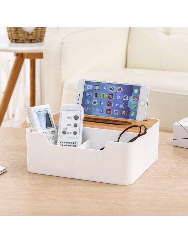 Cross border new bamboo cover tabletop split tissue box tea table drawing box plastic remote control storage box for household living room