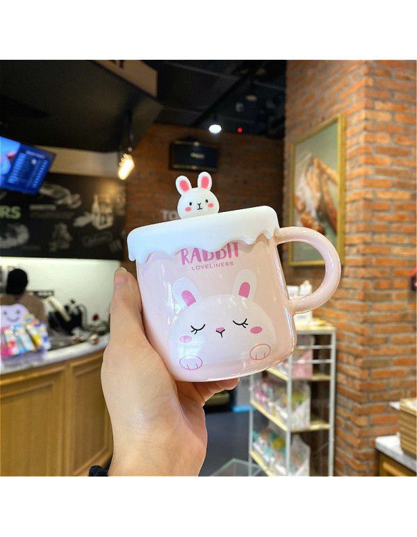 Cartoon rabbit mug with spoon creative personality lovely girl heart Ceramic Cup Home Office water cup