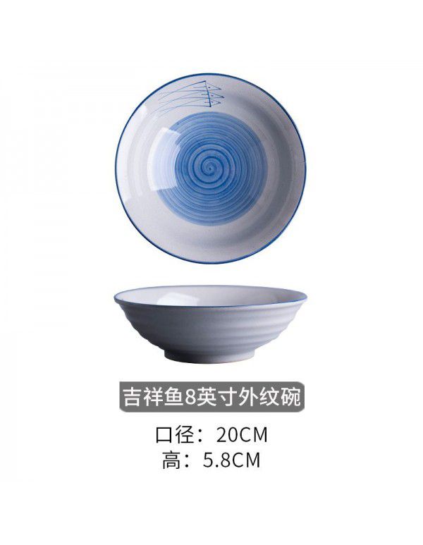 Ceramic tableware large soup bowl single household retro noodle bowl external thread large bowl Jingdezhen hand painted underglaze color