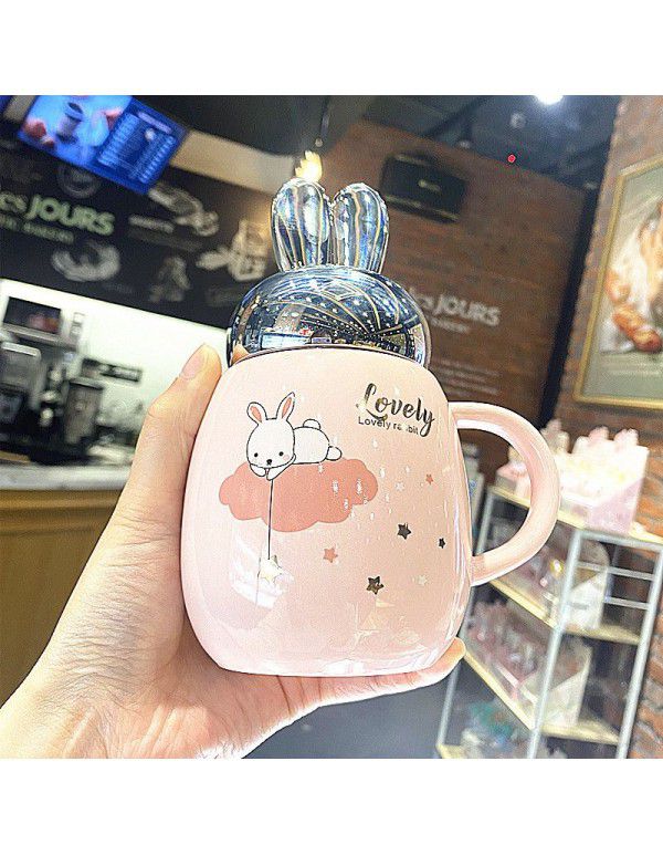 Cartoon Japanese rabbit cup with cover leak proof Mug milk coffee lovely boy and girl student couple ceramic cup