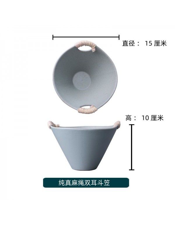 Ceramic tableware Japanese and Korean ramen bowl fruit salad bowl large hat trumpet bowl personalized household hemp rope double ear bowl