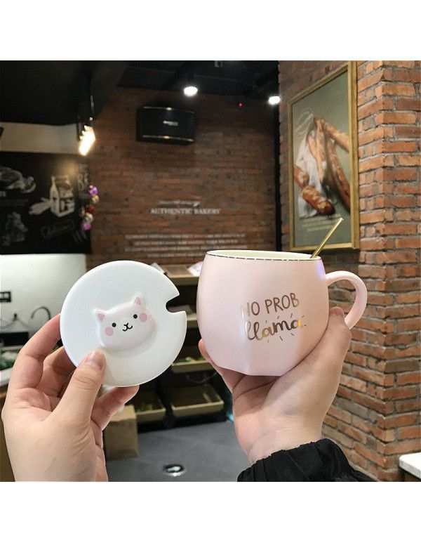 Ceramic mug with cover spoon office water cup cute little fresh girl heart milk lovers simple