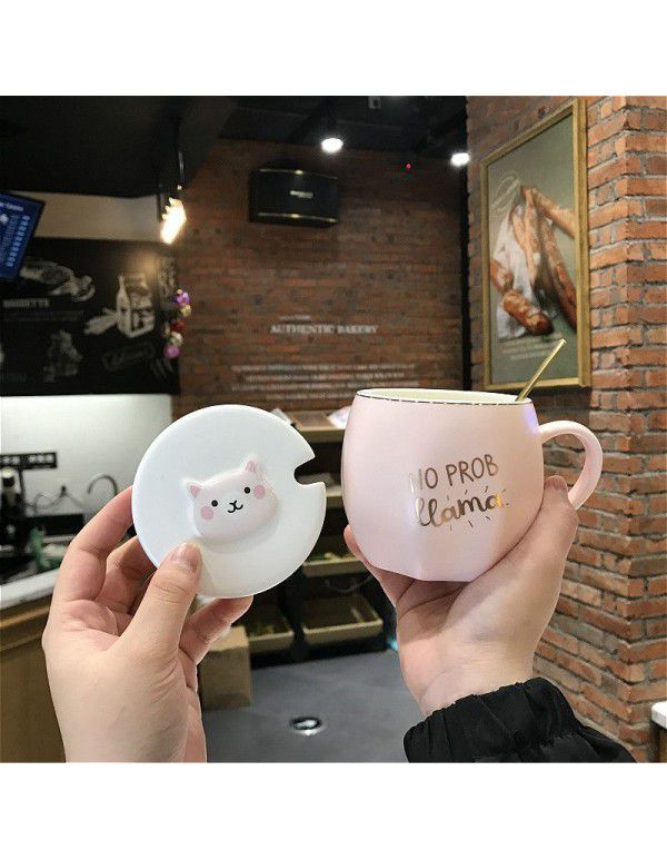 Ceramic mug with cover spoon office water cup cute little fresh girl heart milk lovers simple