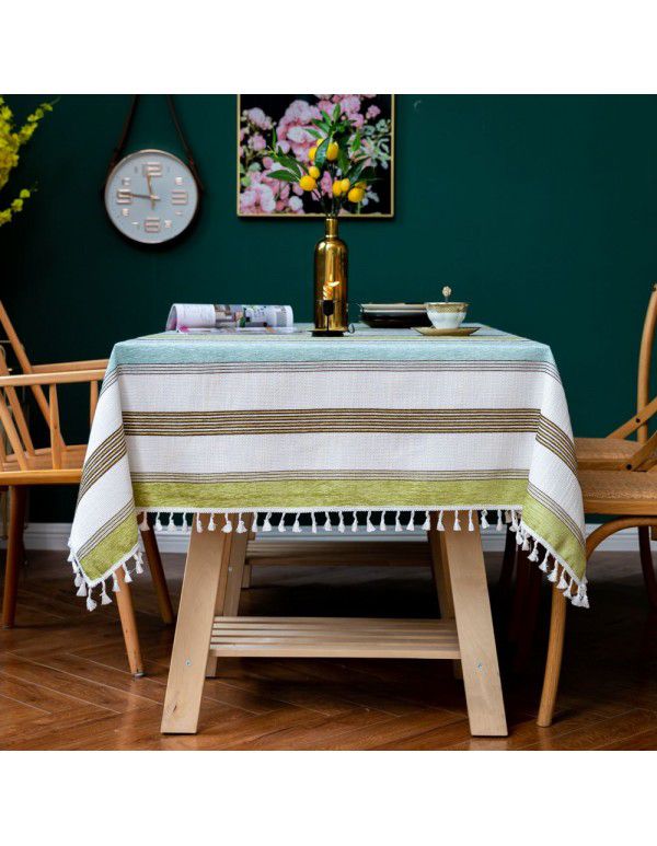 Ins stripe fringes dustproof tablecloth North European kitchen meal cotton linen lace tablecloth tablecloth table decoration cloth wholesale