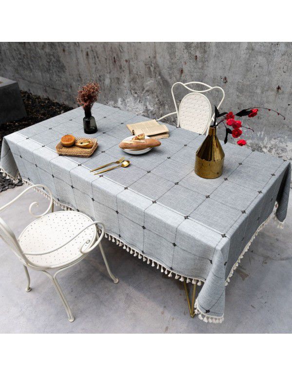 Cross border Japanese style cotton linen embroidered table cloth Japanese tassel cloth Plaid tea table cloth table cloth sold well in Europe and America