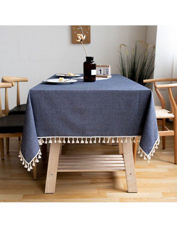 Tablecloth style home dining cloth tassel solid color cloth art cotton linen covercloth dark blue hotel home dining table cloth