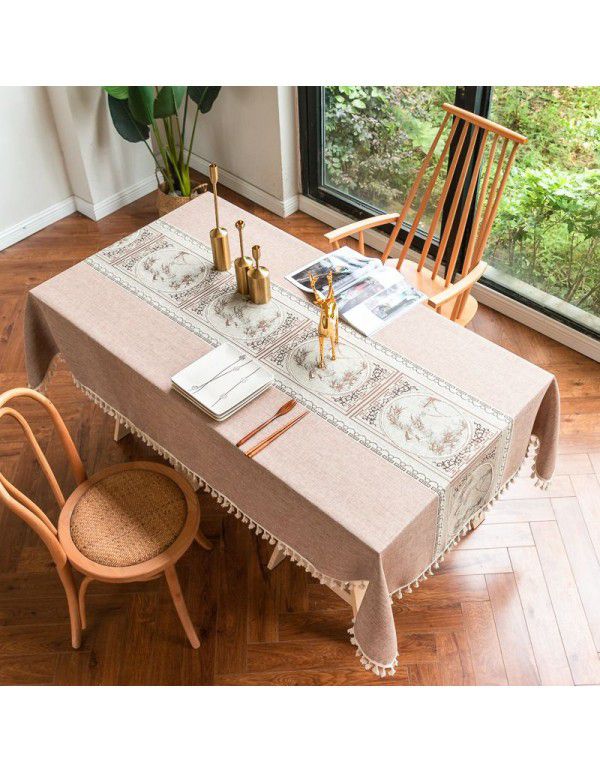 Factory Amazon cross border embroidered tablecloth, table flag cloth, yam tassel table decoration tablecloth