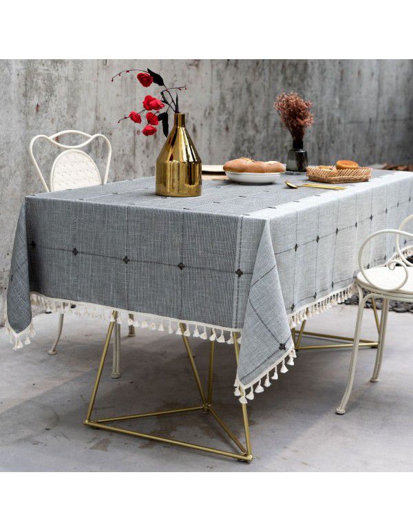 Cross border Japanese style cotton linen embroidered table cloth Japanese tassel cloth Plaid tea table cloth table cloth sold well in Europe and America