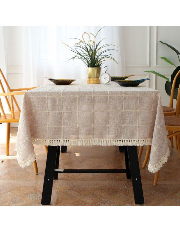 Cross border manufacturer's square lattice embroidery tassel lace cotton linen Dust Cover Tablecloth spot customization