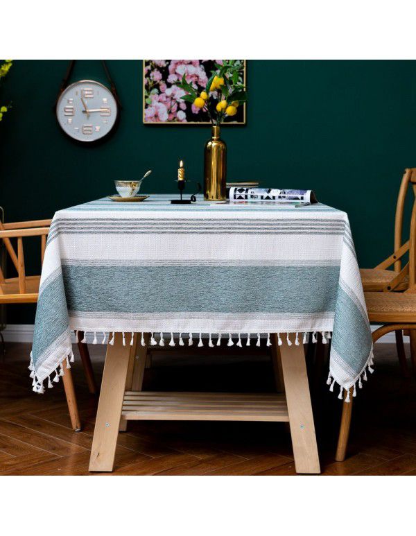 Ins stripe fringes dustproof tablecloth North European kitchen meal cotton linen lace tablecloth tablecloth table decoration cloth wholesale