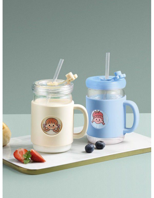 Children's milk cup with straw, breakfast cup, drop proof glass, microwave oven can heat special baby household cup