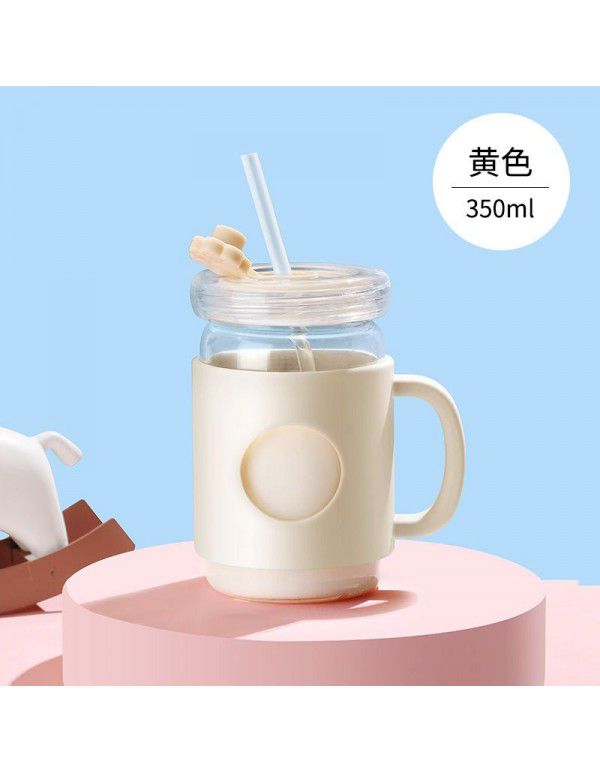 Children's milk cup with straw, breakfast cup, drop proof glass, microwave oven can heat special baby household cup