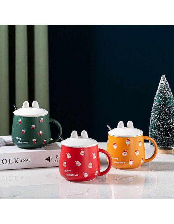 Christmas cartoon ceramic water cup household breakfast milk Mug coffee cup with lid spoon large capacity drinking cup